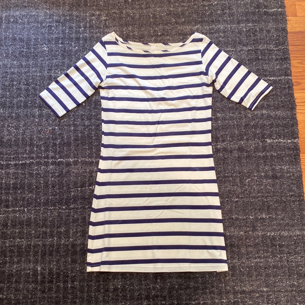navy blue and white striped dress